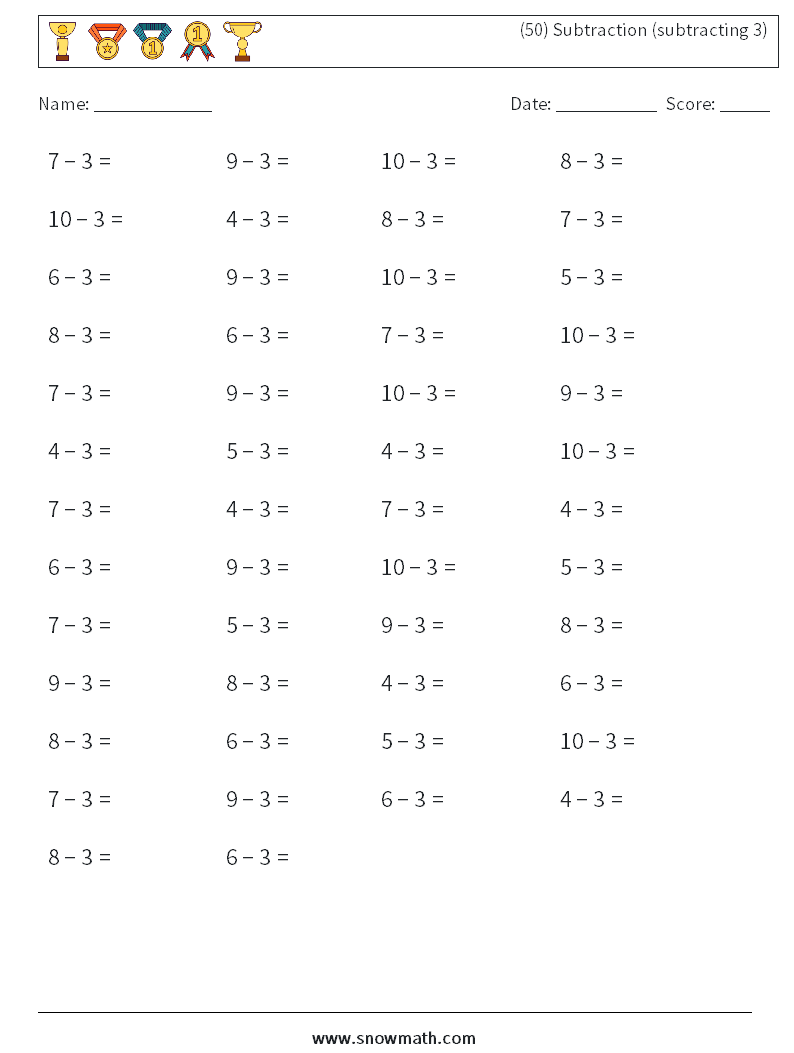 (50) Subtraction (subtracting 3) Math Worksheets 2