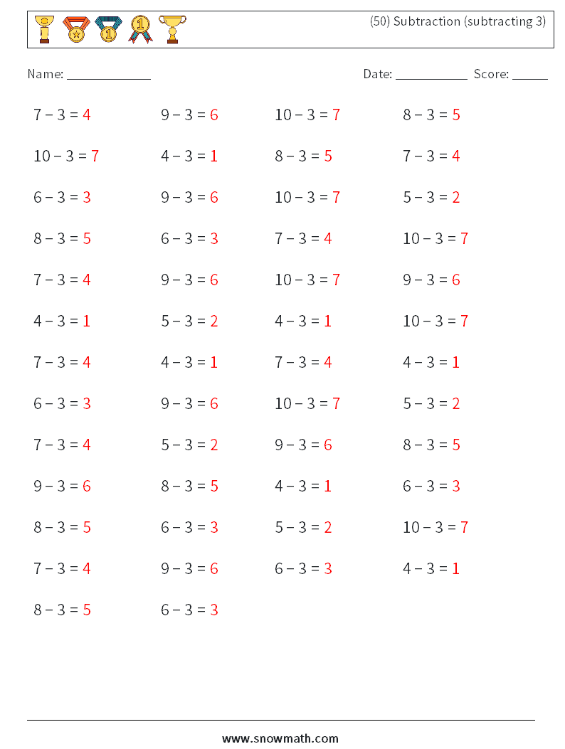(50) Subtraction (subtracting 3) Math Worksheets 2 Question, Answer