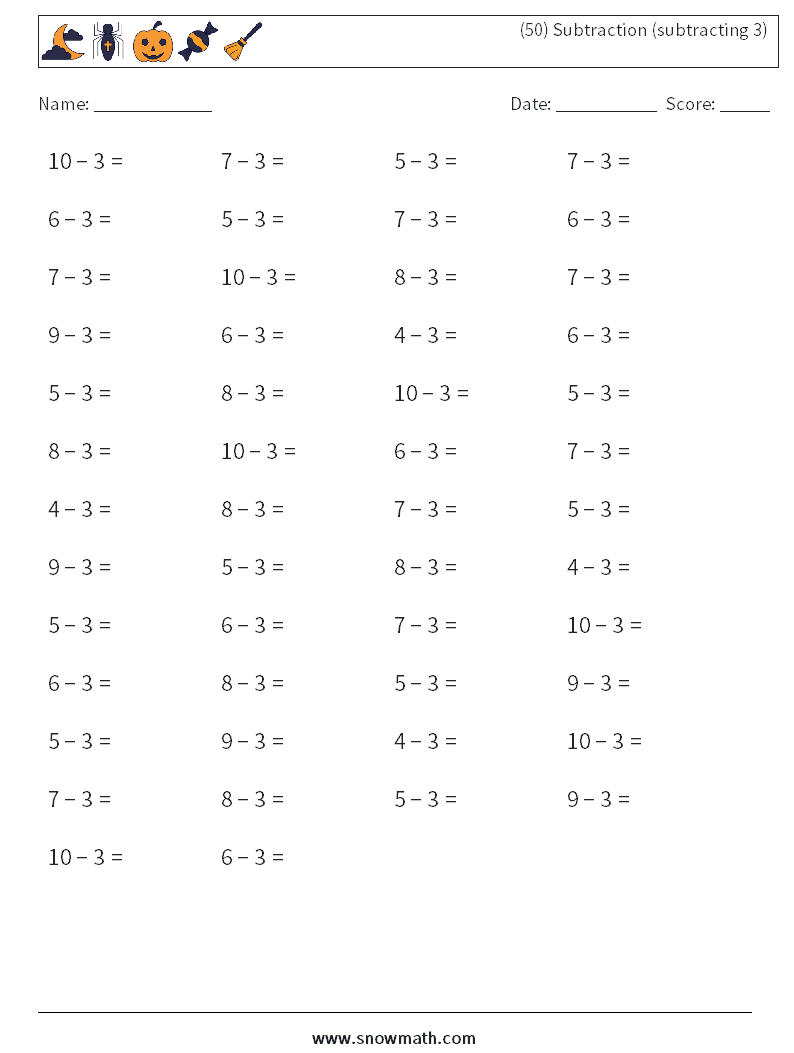 (50) Subtraction (subtracting 3) Math Worksheets 3