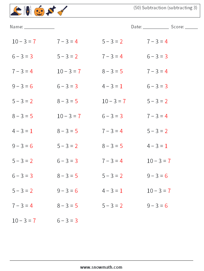 (50) Subtraction (subtracting 3) Math Worksheets 3 Question, Answer