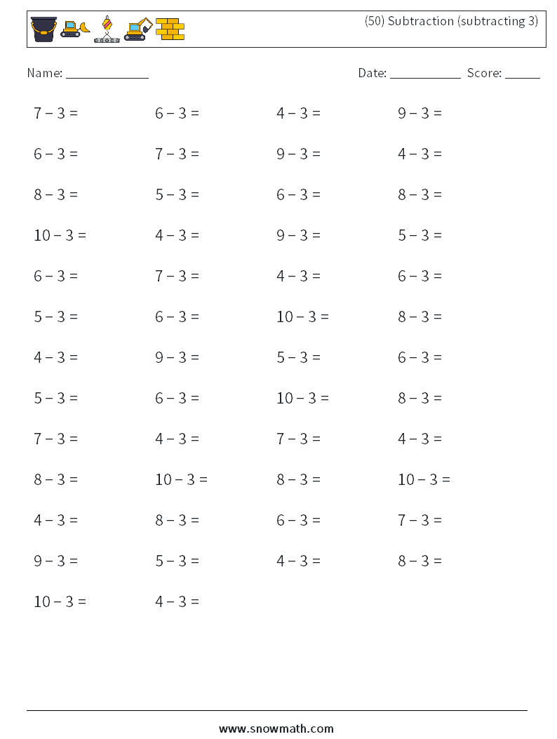 (50) Subtraction (subtracting 3) Math Worksheets 4