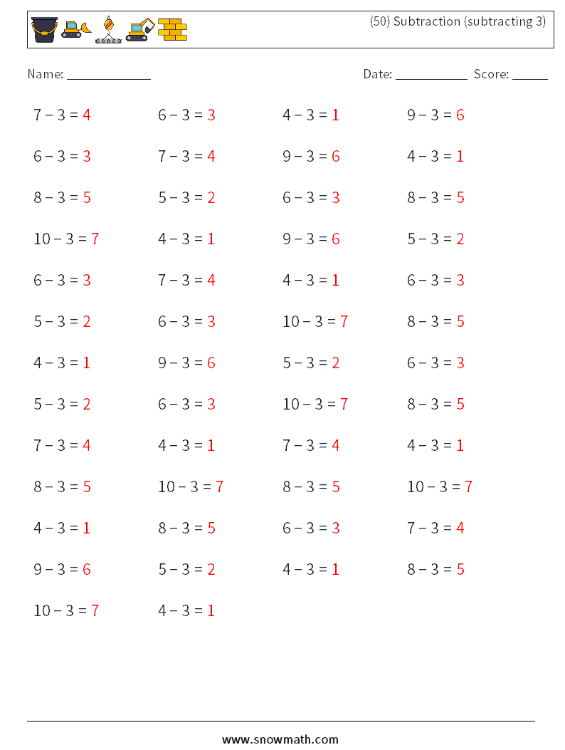 (50) Subtraction (subtracting 3) Math Worksheets 4 Question, Answer