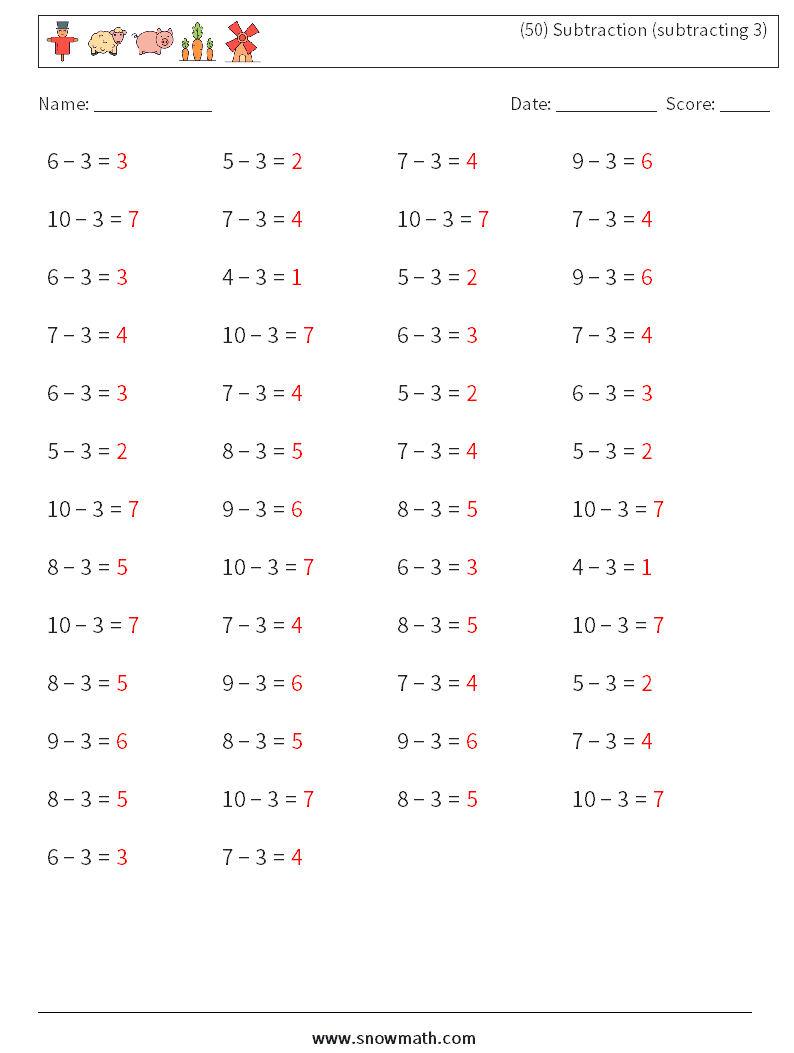 (50) Subtraction (subtracting 3) Math Worksheets 5 Question, Answer