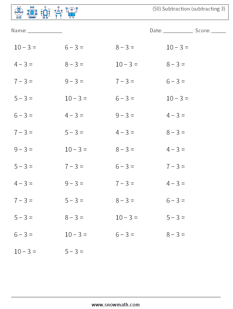 (50) Subtraction (subtracting 3) Math Worksheets 6