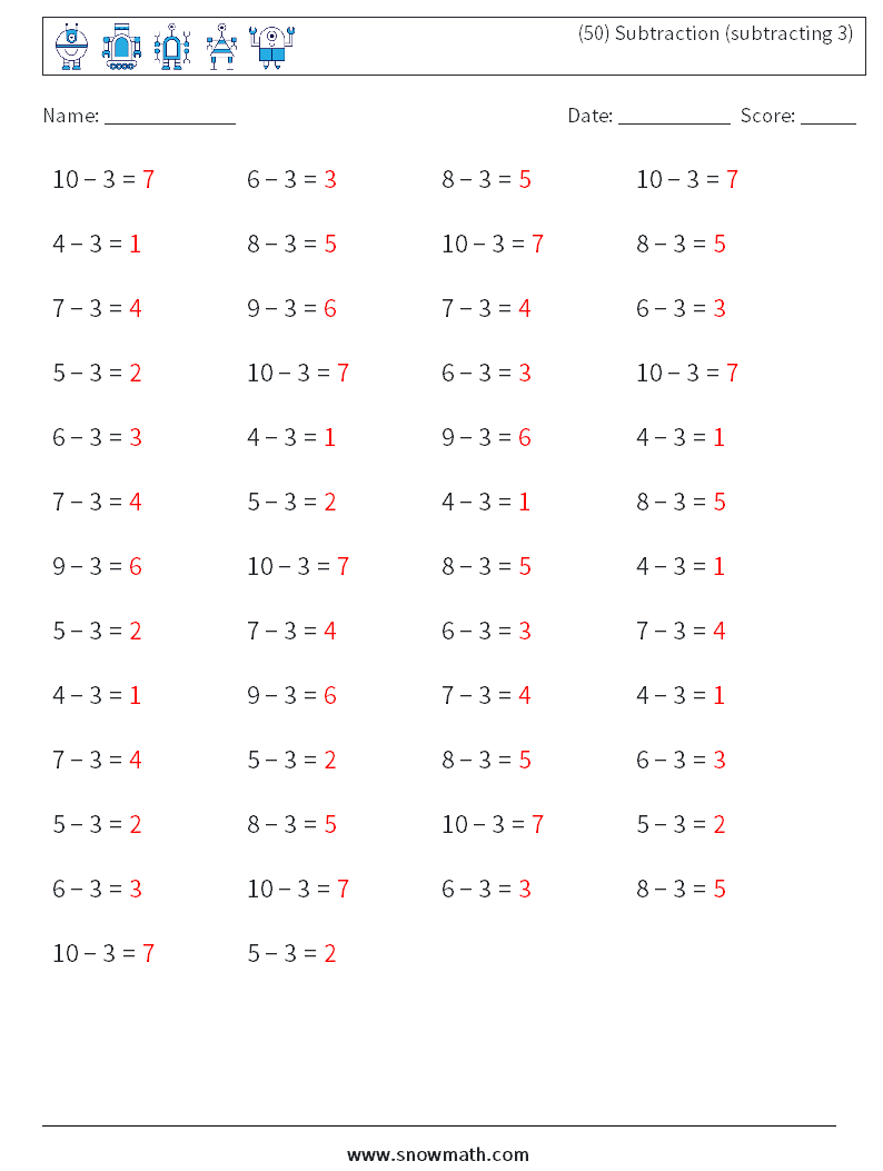 (50) Subtraction (subtracting 3) Math Worksheets 6 Question, Answer