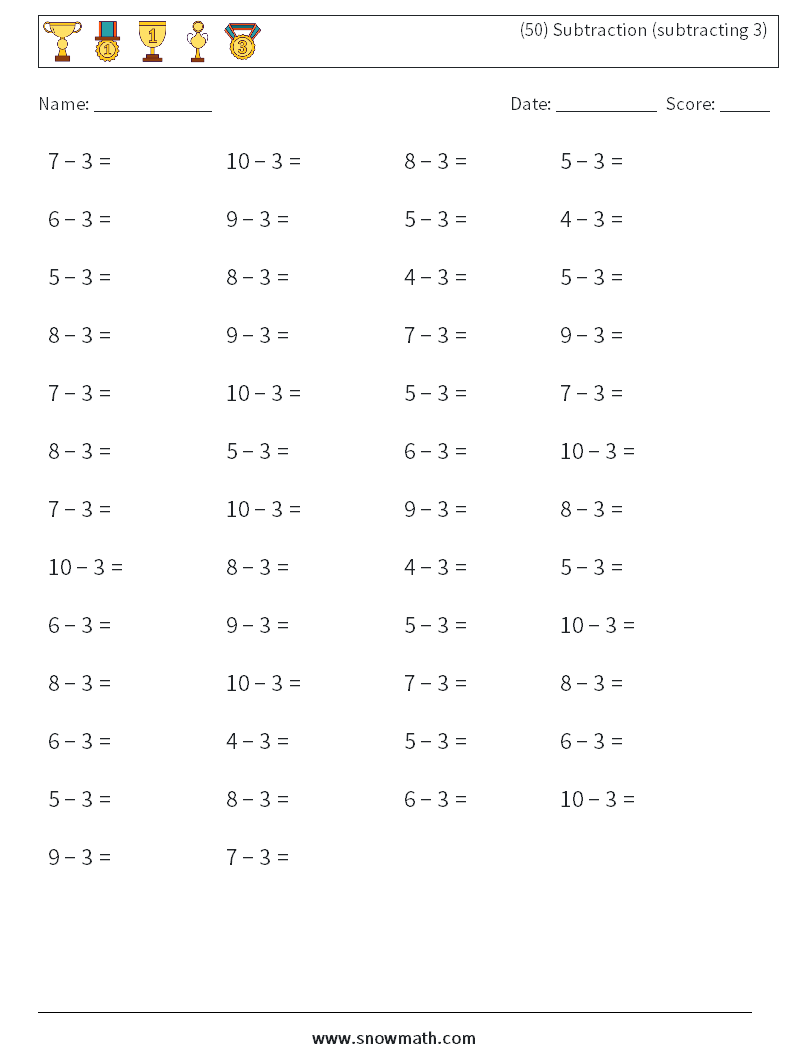 (50) Subtraction (subtracting 3) Math Worksheets 7