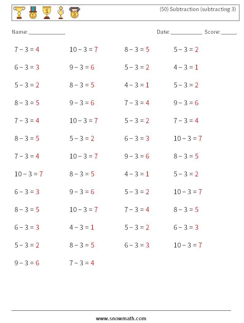 (50) Subtraction (subtracting 3) Math Worksheets 7 Question, Answer