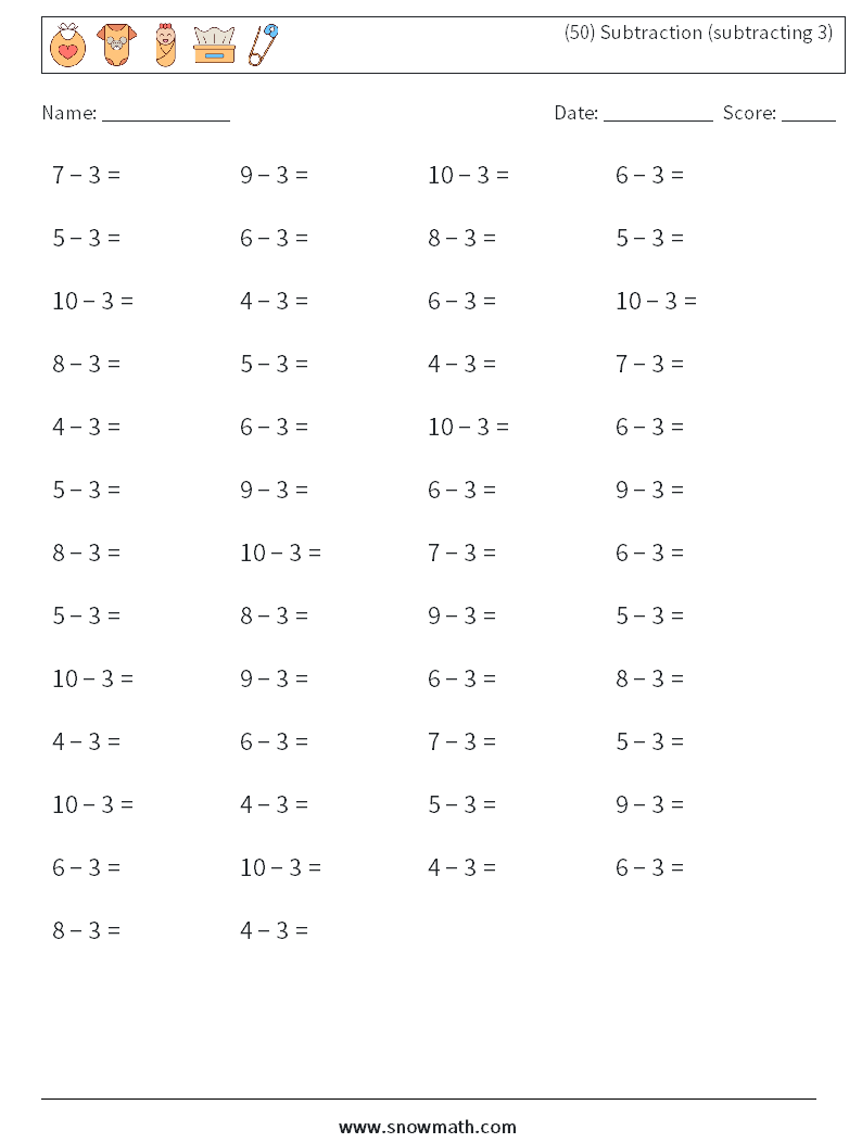 (50) Subtraction (subtracting 3) Math Worksheets 8