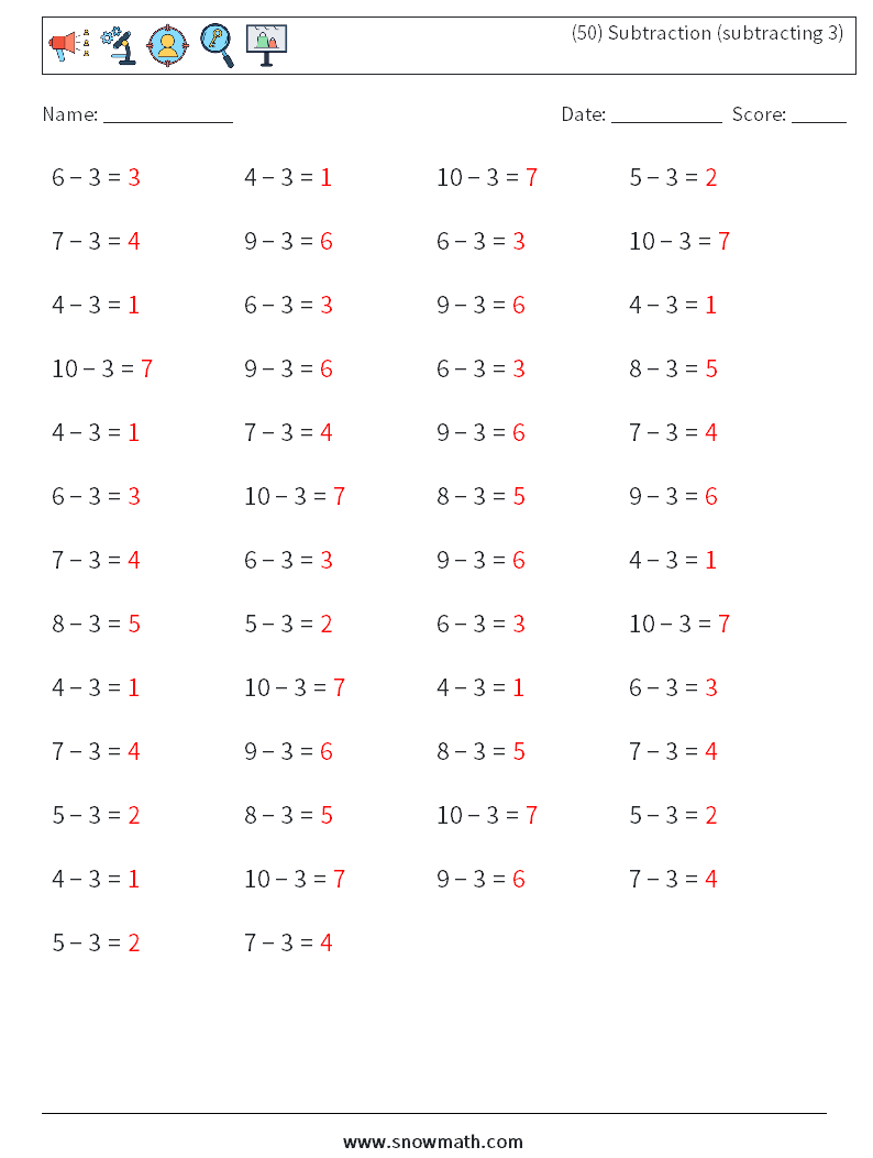 (50) Subtraction (subtracting 3) Math Worksheets 9 Question, Answer