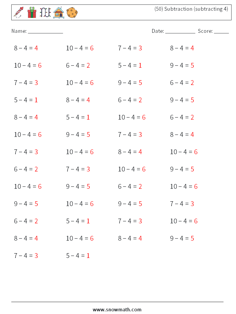 (50) Subtraction (subtracting 4) Math Worksheets 1 Question, Answer