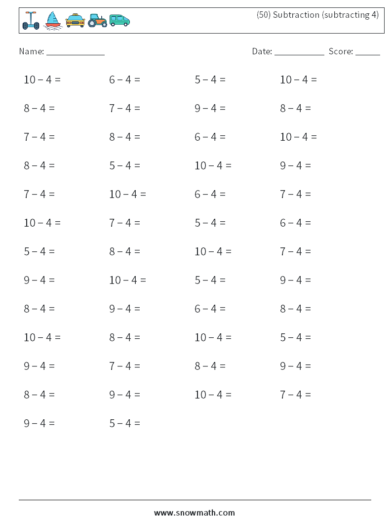 (50) Subtraction (subtracting 4) Math Worksheets 2