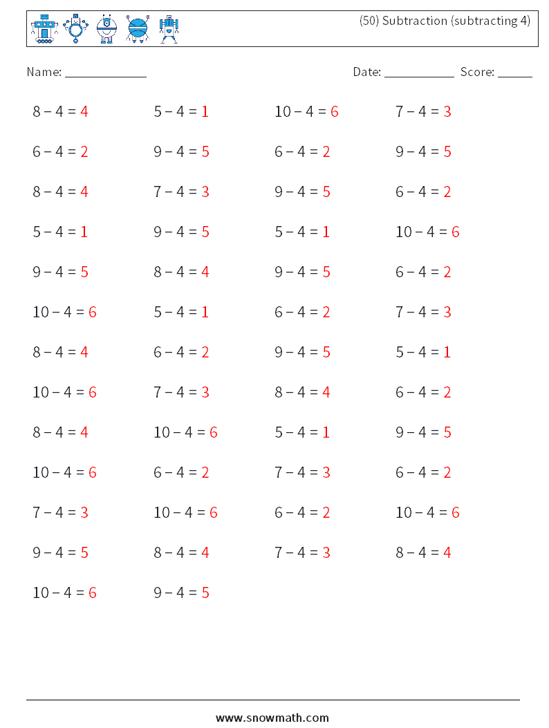 (50) Subtraction (subtracting 4) Math Worksheets 3 Question, Answer