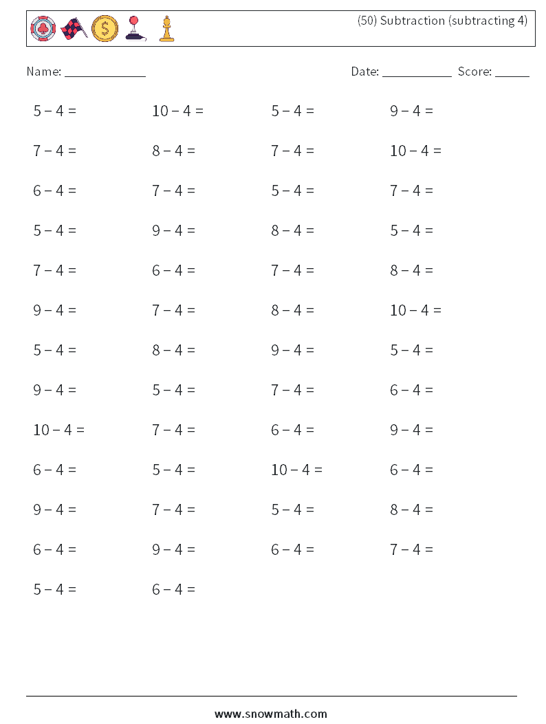 (50) Subtraction (subtracting 4) Math Worksheets 4