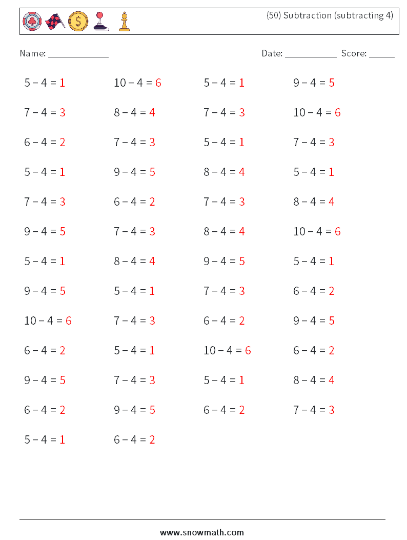 (50) Subtraction (subtracting 4) Math Worksheets 4 Question, Answer