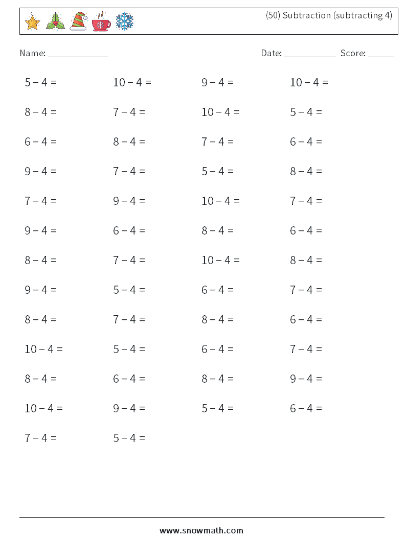 (50) Subtraction (subtracting 4) Math Worksheets 5