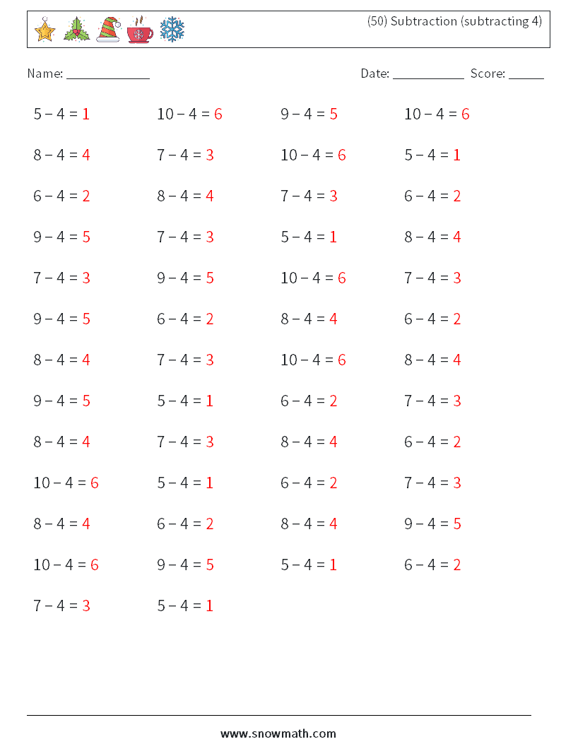 (50) Subtraction (subtracting 4) Math Worksheets 5 Question, Answer