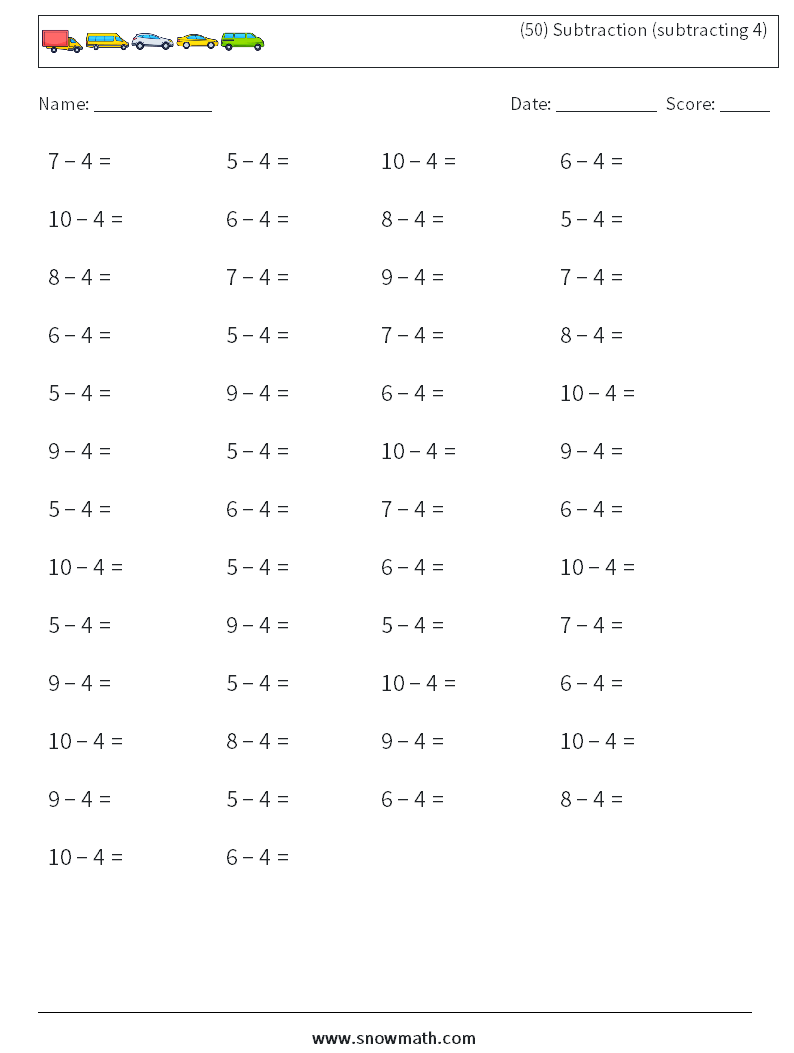 (50) Subtraction (subtracting 4) Math Worksheets 6