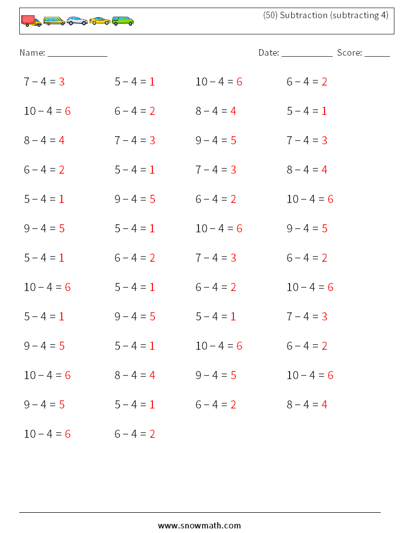 (50) Subtraction (subtracting 4) Math Worksheets 6 Question, Answer