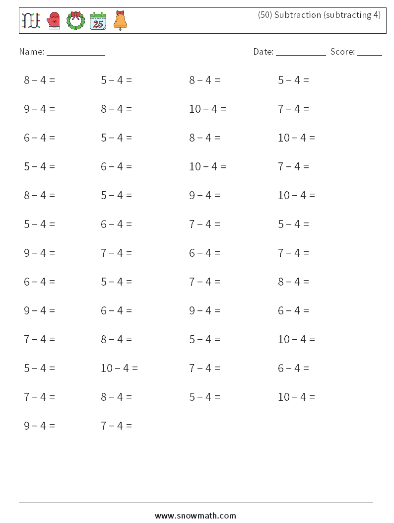 (50) Subtraction (subtracting 4) Math Worksheets 7