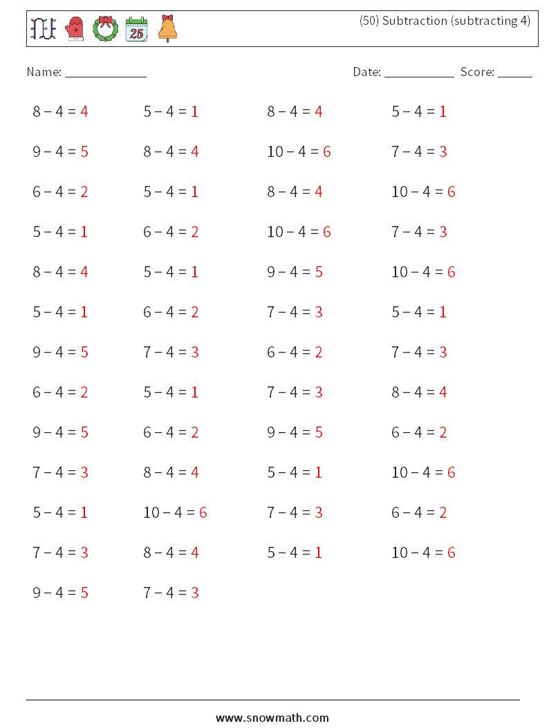 (50) Subtraction (subtracting 4) Math Worksheets 7 Question, Answer