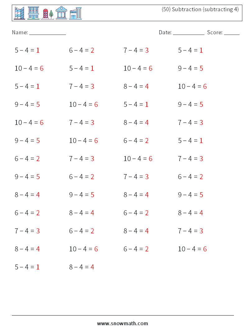 (50) Subtraction (subtracting 4) Math Worksheets 9 Question, Answer