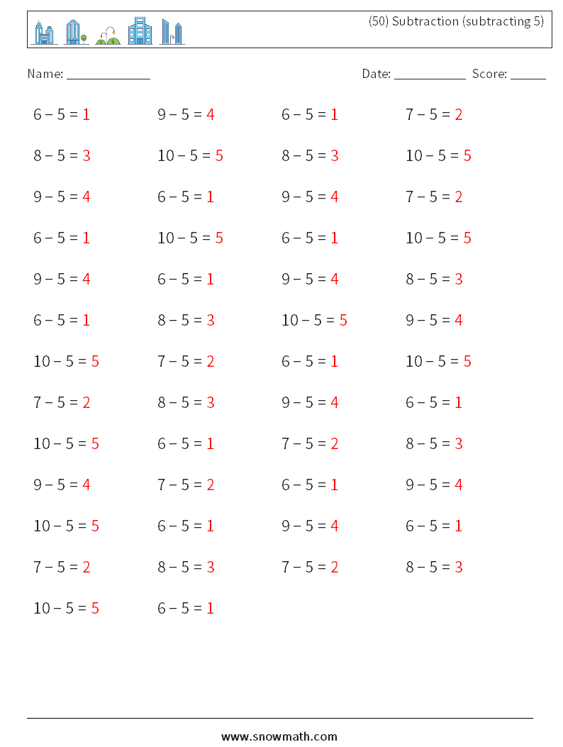 (50) Subtraction (subtracting 5) Math Worksheets 3 Question, Answer