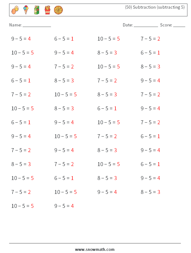 (50) Subtraction (subtracting 5) Math Worksheets 5 Question, Answer