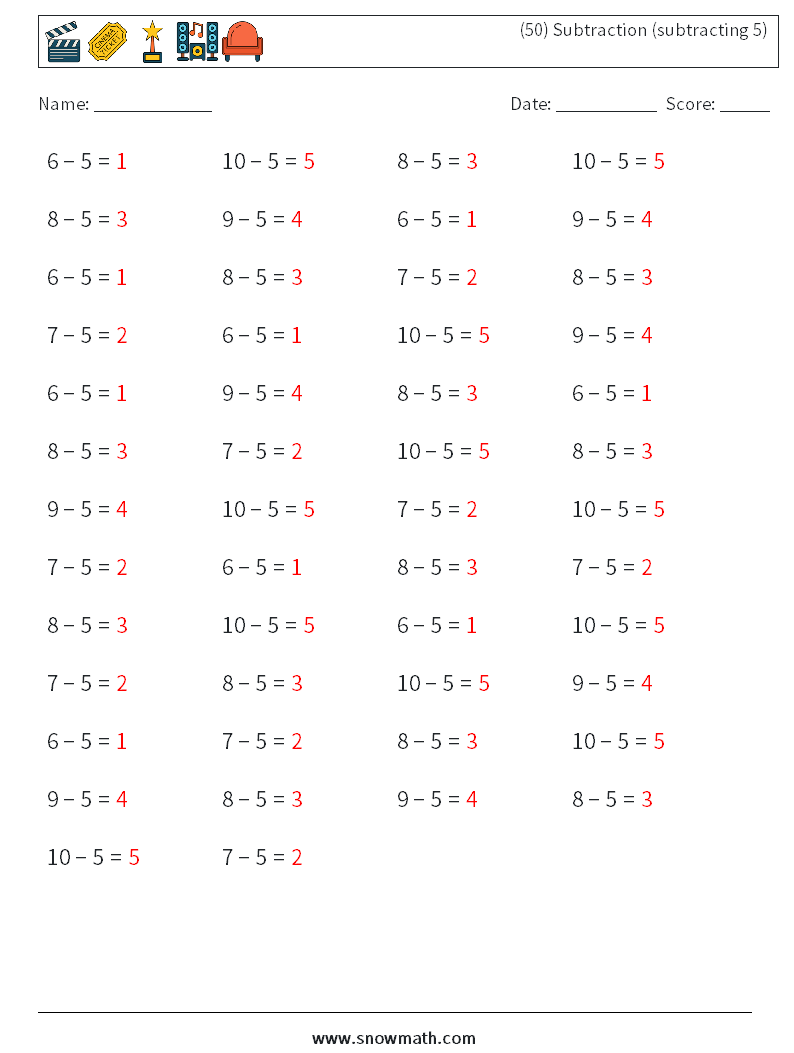 (50) Subtraction (subtracting 5) Math Worksheets 8 Question, Answer