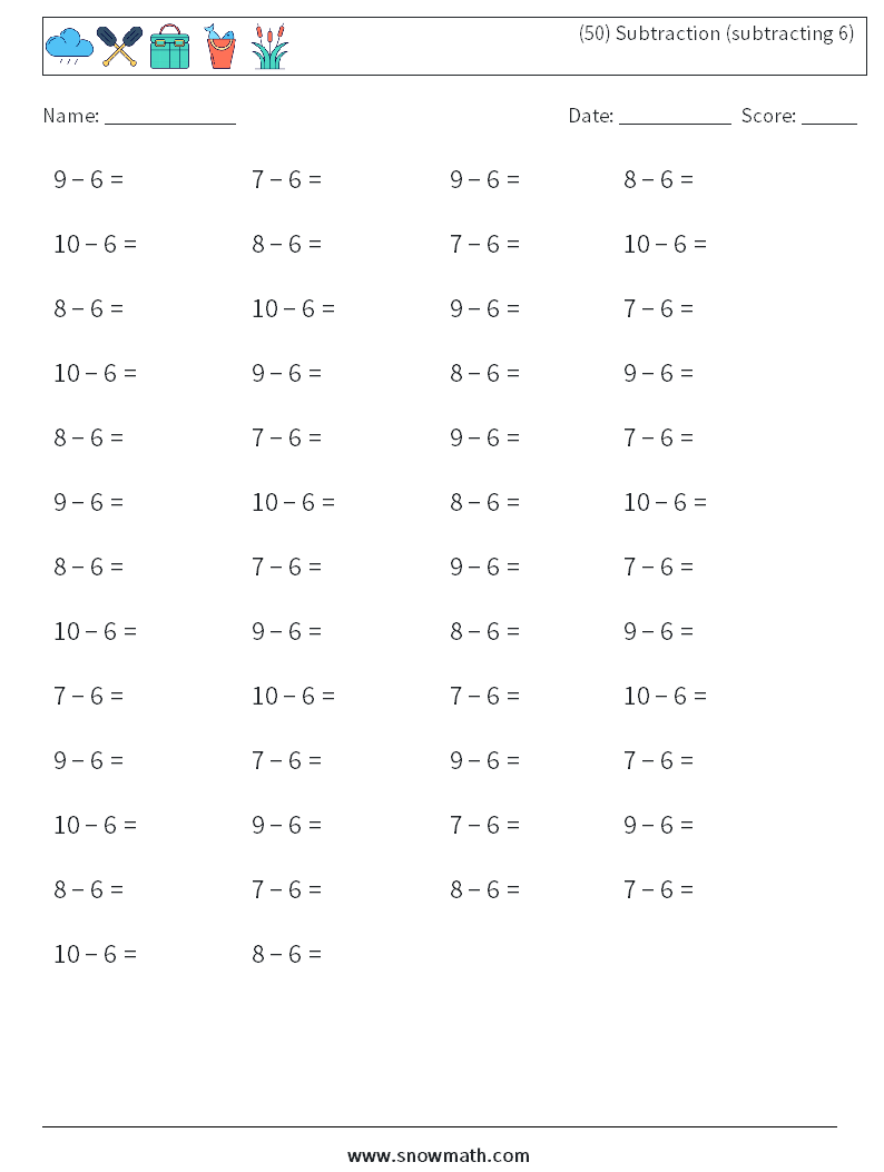 (50) Subtraction (subtracting 6) Math Worksheets 1