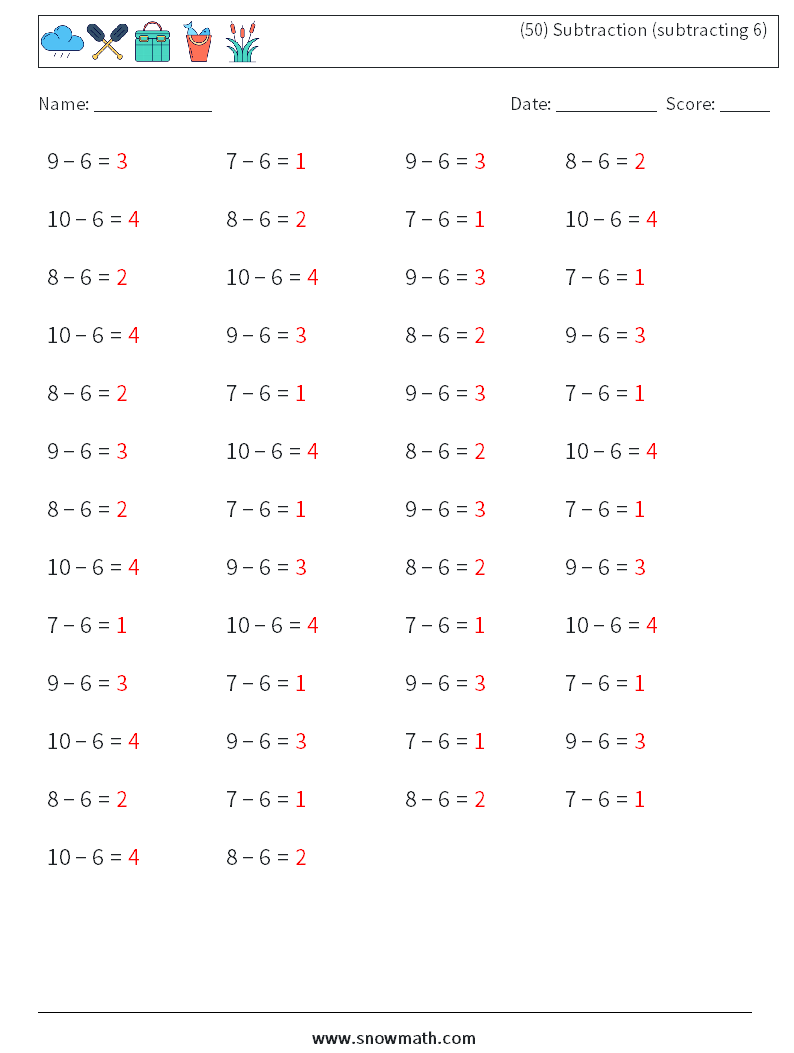 (50) Subtraction (subtracting 6) Math Worksheets 1 Question, Answer
