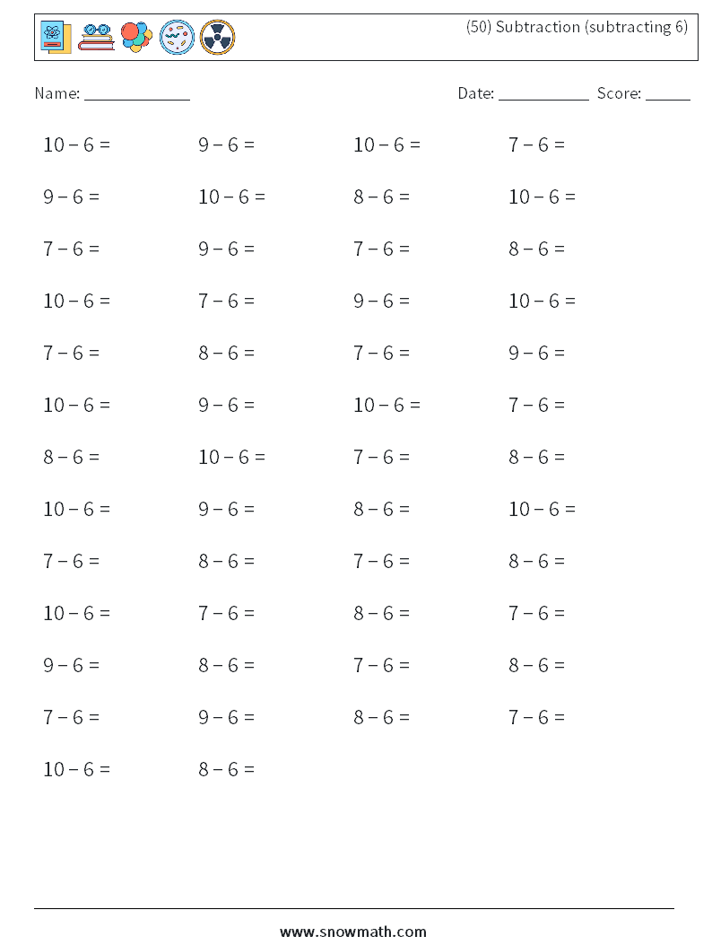 (50) Subtraction (subtracting 6) Math Worksheets 2