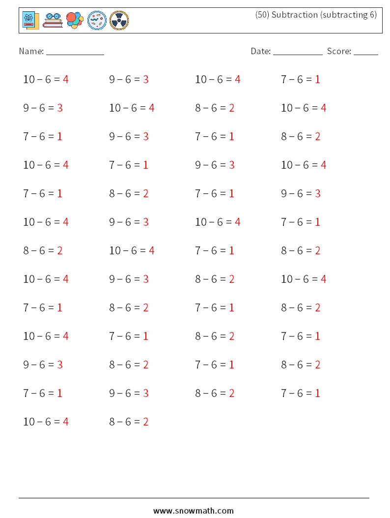 (50) Subtraction (subtracting 6) Math Worksheets 2 Question, Answer