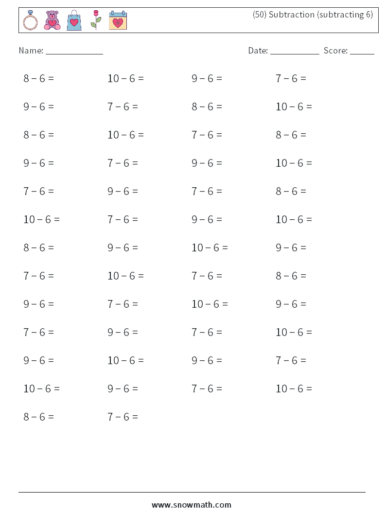 (50) Subtraction (subtracting 6) Math Worksheets 4