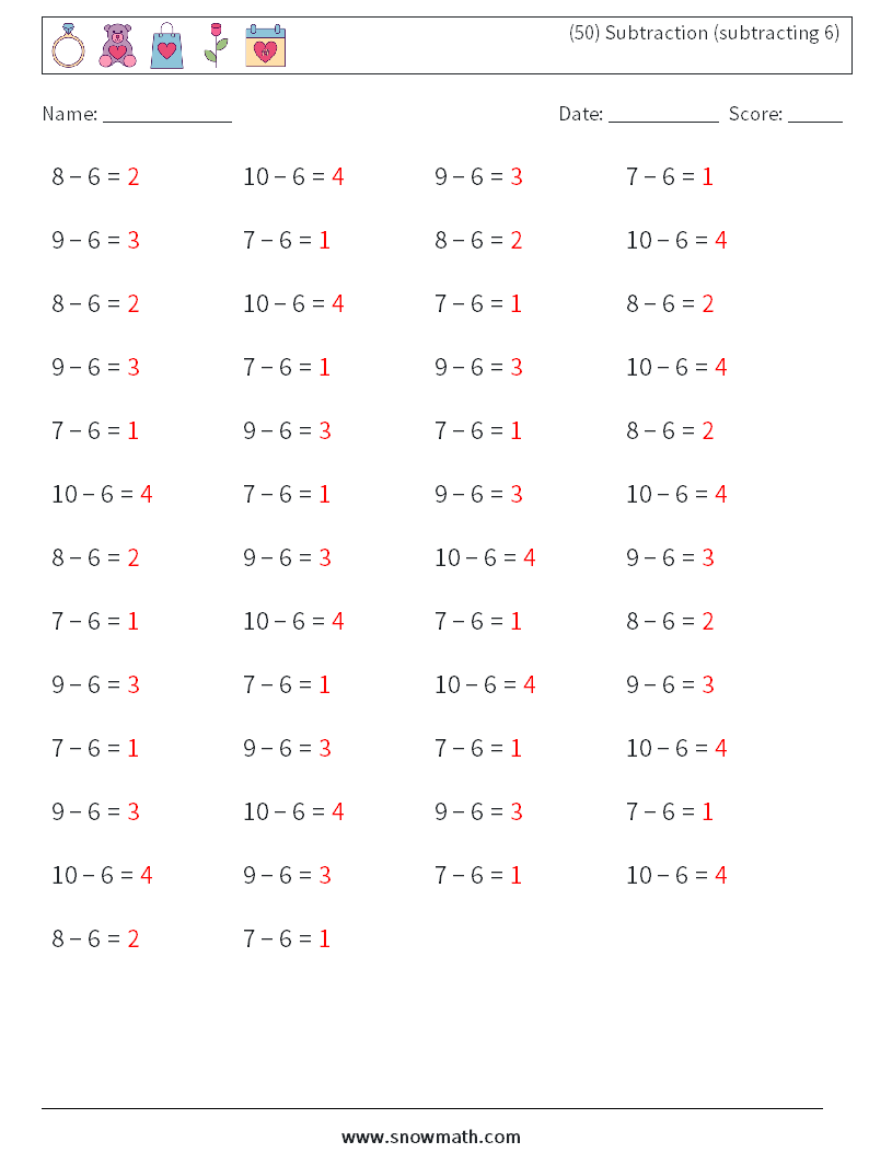 (50) Subtraction (subtracting 6) Math Worksheets 4 Question, Answer