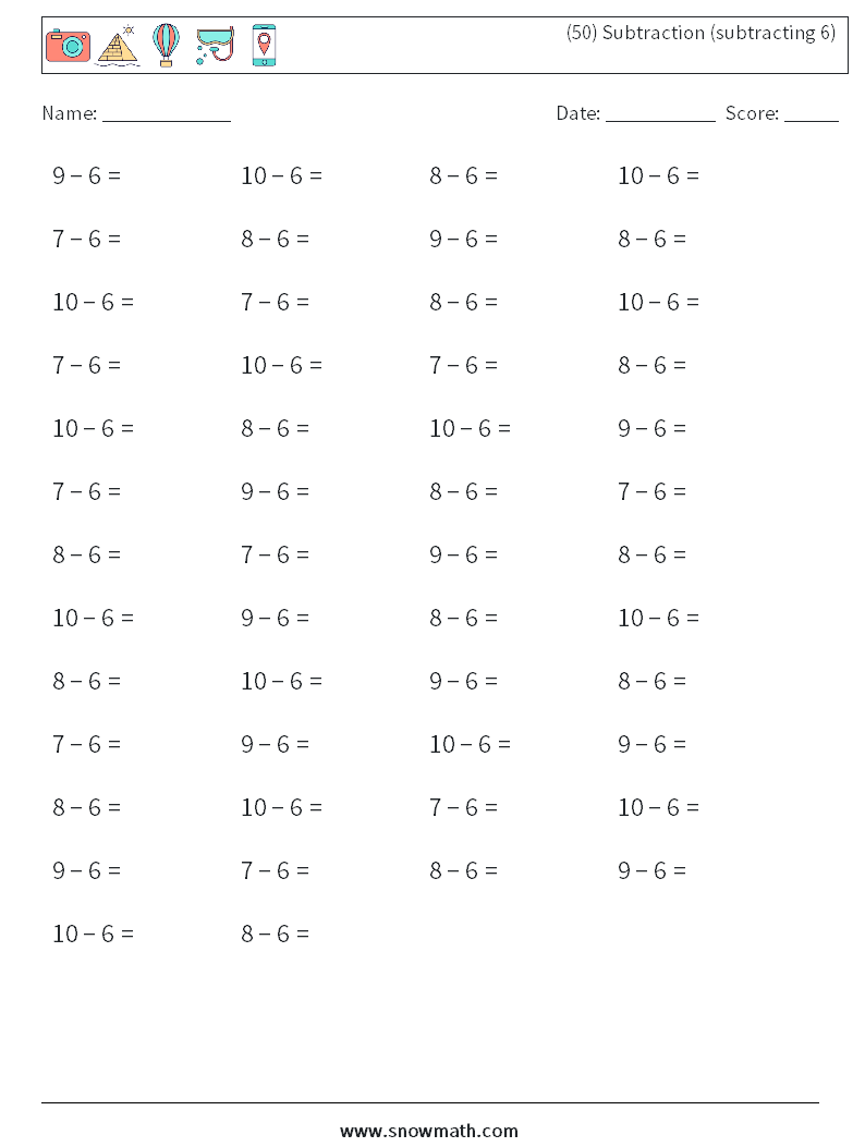 (50) Subtraction (subtracting 6) Math Worksheets 6