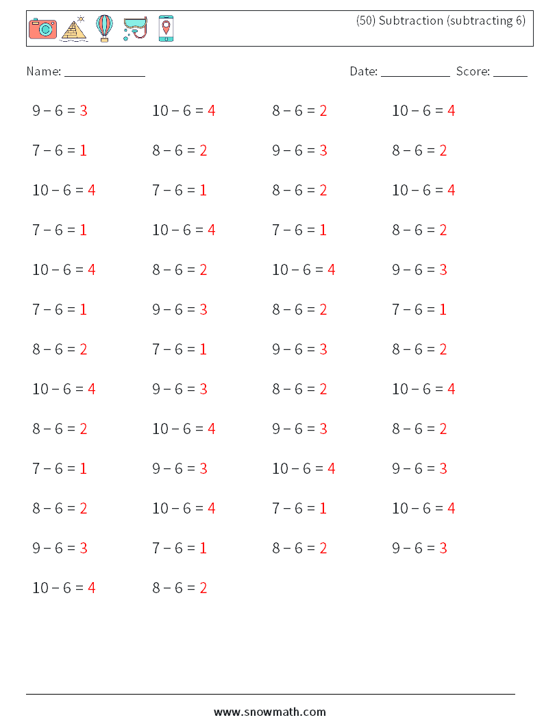(50) Subtraction (subtracting 6) Math Worksheets 6 Question, Answer