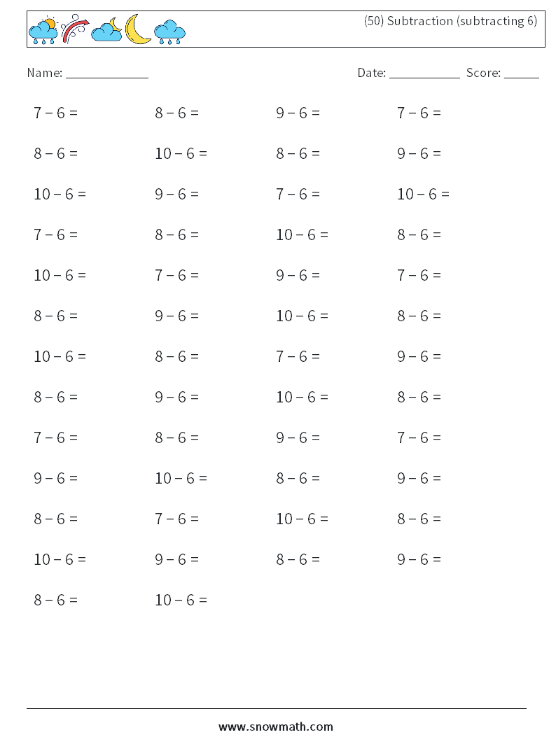 (50) Subtraction (subtracting 6) Math Worksheets 7