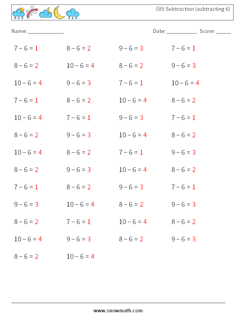 (50) Subtraction (subtracting 6) Math Worksheets 7 Question, Answer