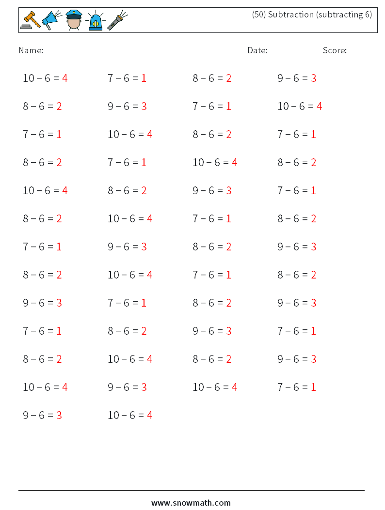 (50) Subtraction (subtracting 6) Math Worksheets 8 Question, Answer