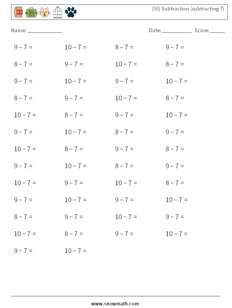 (50) Subtraction (subtracting 7) Math Worksheets 3