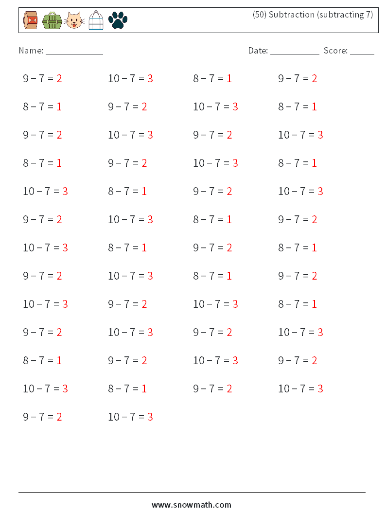 (50) Subtraction (subtracting 7) Math Worksheets 3 Question, Answer