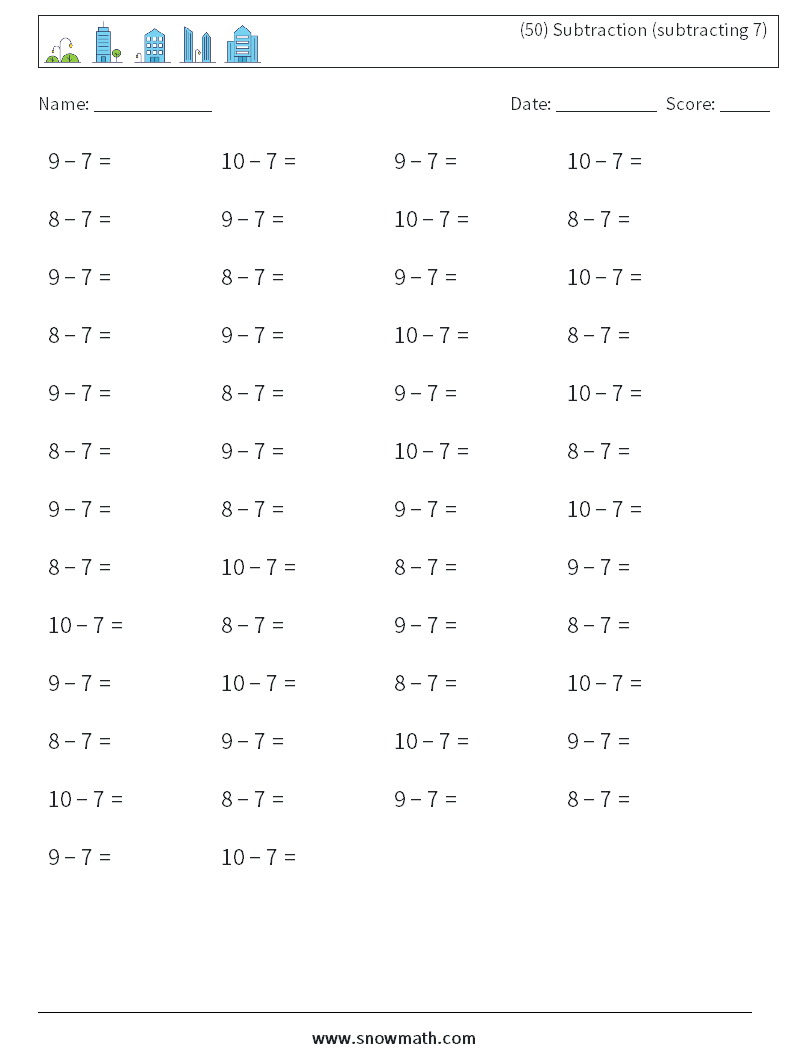 (50) Subtraction (subtracting 7) Math Worksheets 4