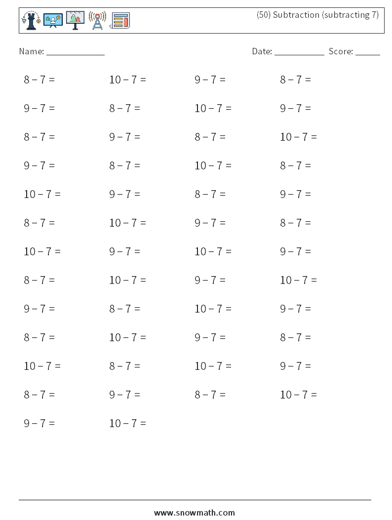 (50) Subtraction (subtracting 7) Math Worksheets 5