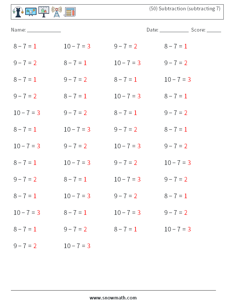(50) Subtraction (subtracting 7) Math Worksheets 5 Question, Answer