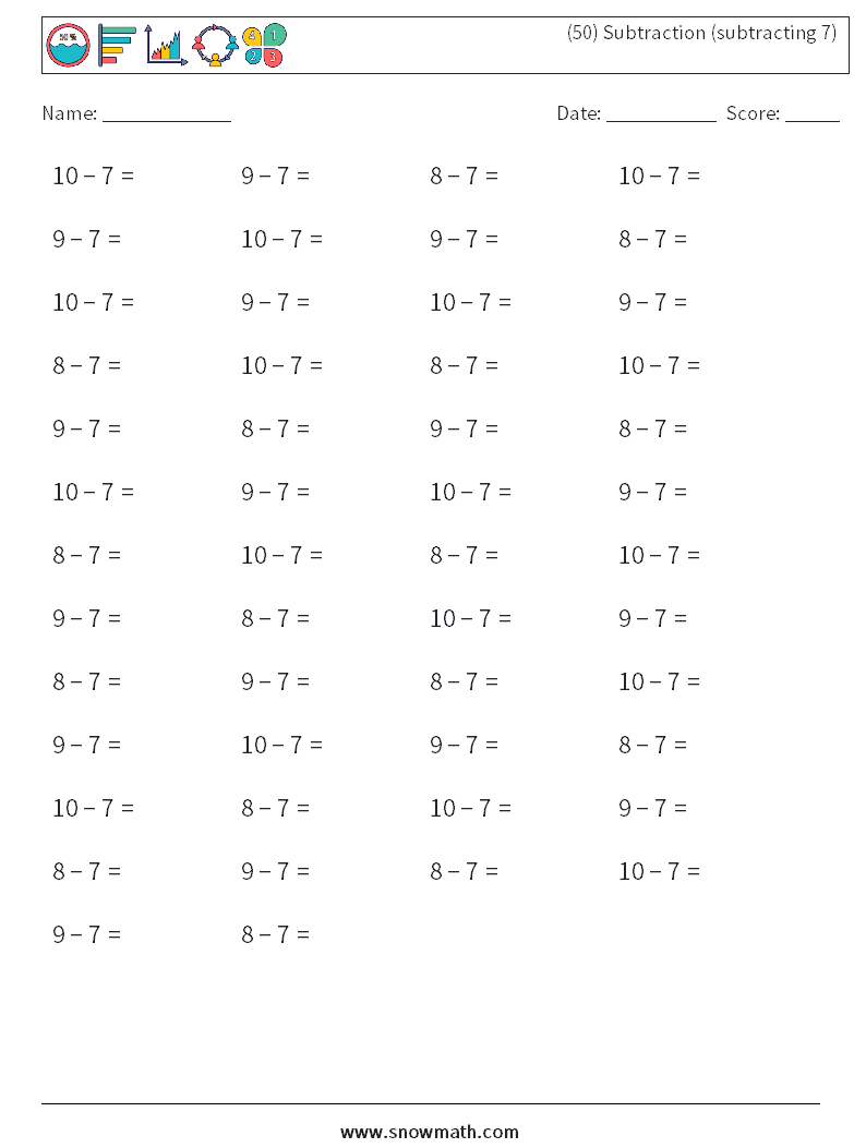 (50) Subtraction (subtracting 7) Math Worksheets 6