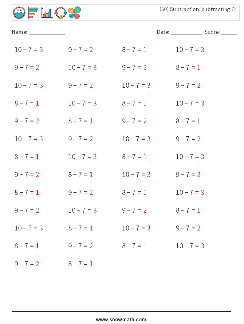 (50) Subtraction (subtracting 7) Math Worksheets 6 Question, Answer