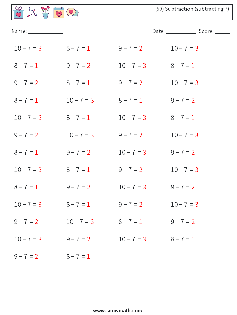 (50) Subtraction (subtracting 7) Math Worksheets 7 Question, Answer