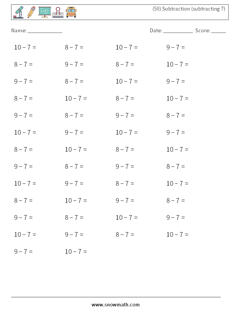 (50) Subtraction (subtracting 7) Math Worksheets 8