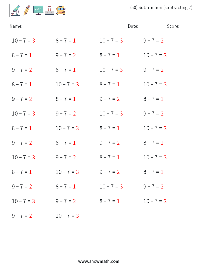 (50) Subtraction (subtracting 7) Math Worksheets 8 Question, Answer