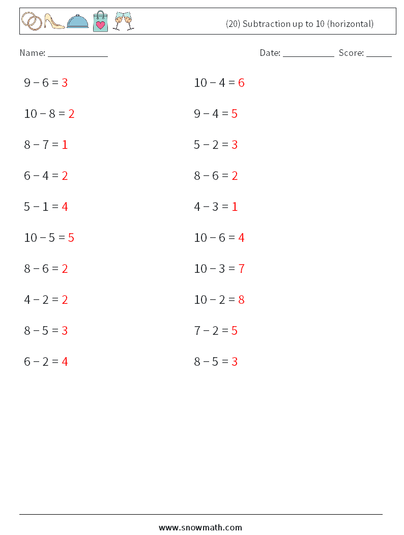 (20) Subtraction up to 10 (horizontal) Math Worksheets 1 Question, Answer